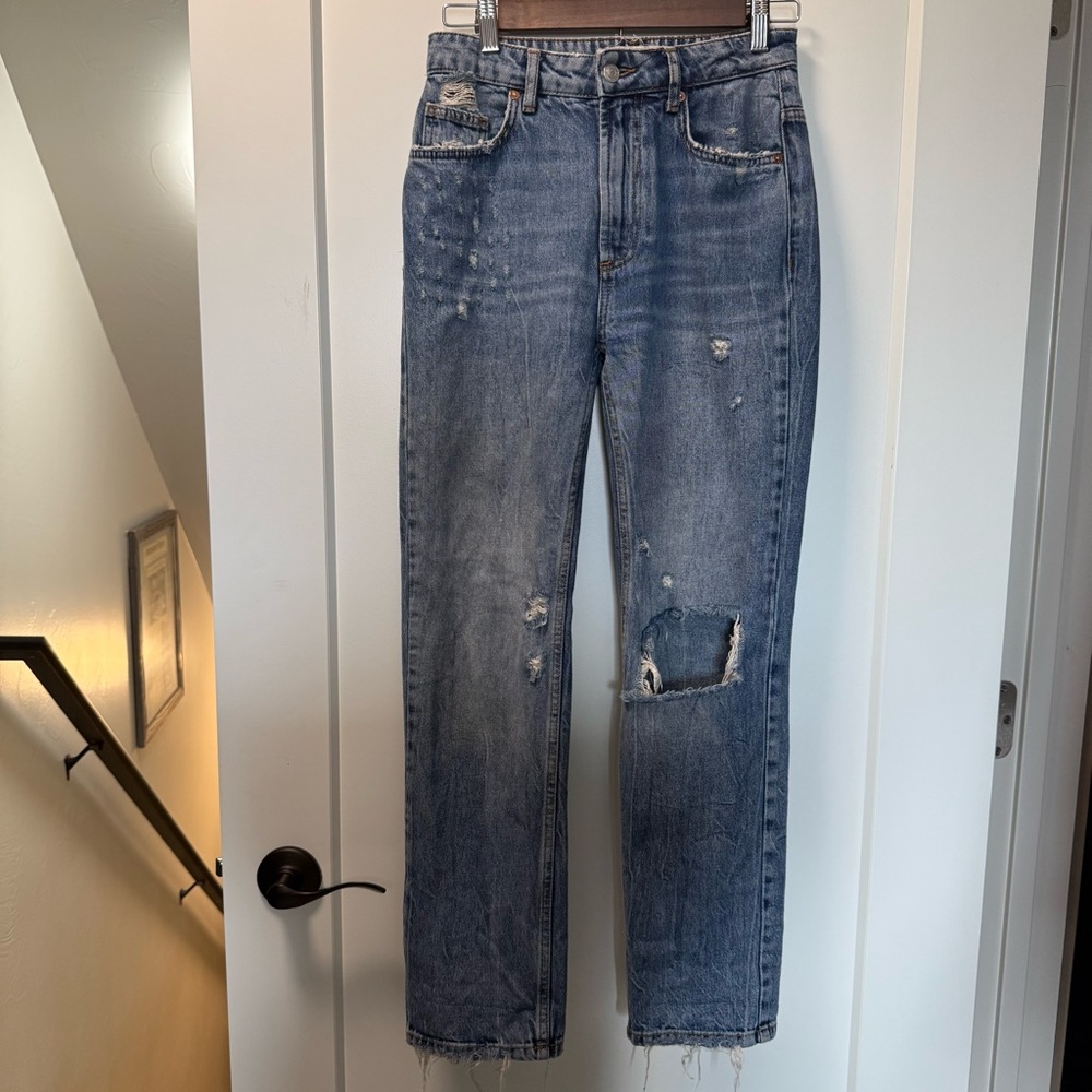 We The‎ Free People Straight Distressed High Rise Jean Medium Wash Frayed 24x30